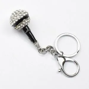 Брелок Микрофон с белыми стразами. Черная эмаль. Цвет стальной.